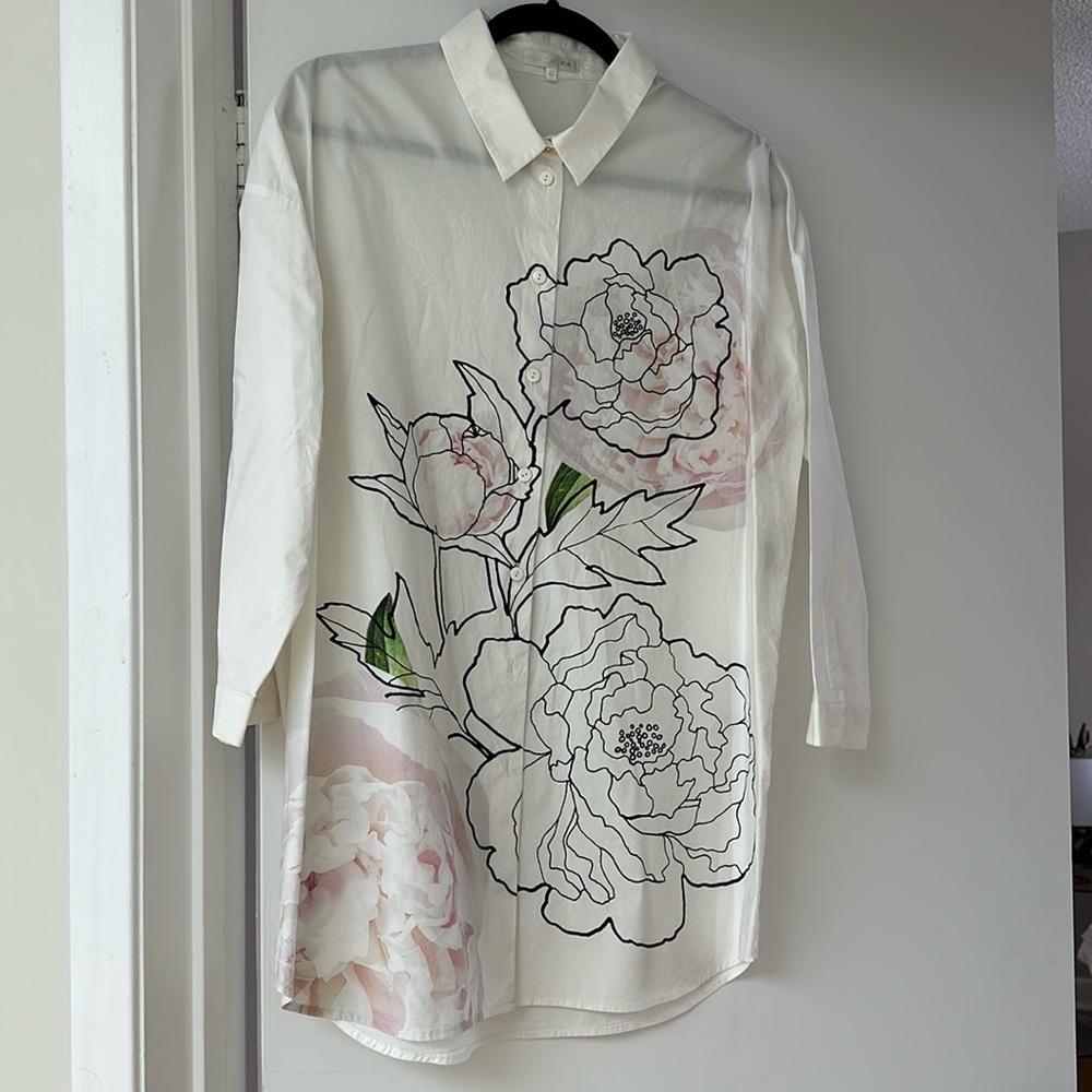 French design label Paule Ka oversized button up shirt w front floral graphic